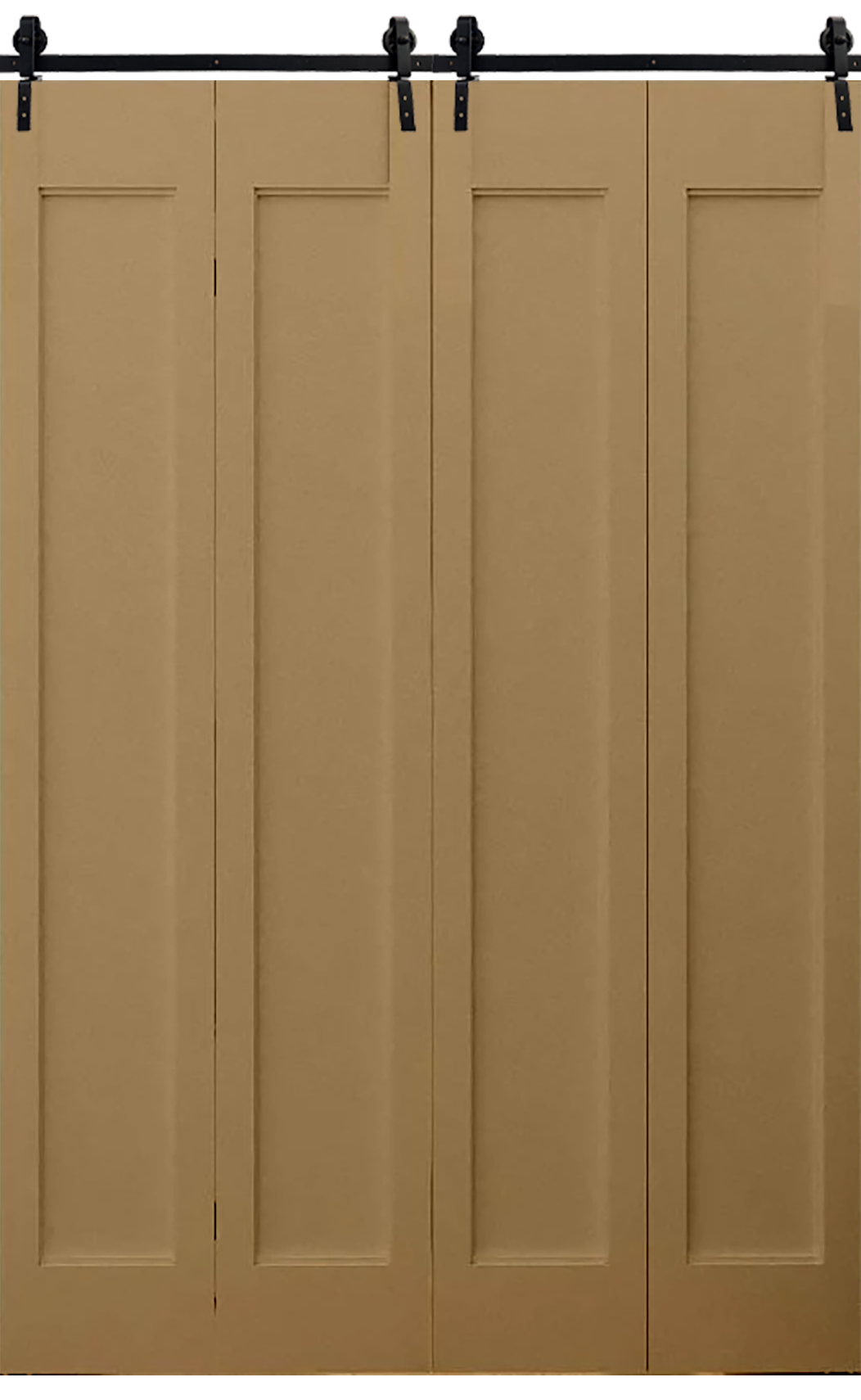 Raw MDF double bifold barn doors shown closed, forming a seamless flat panel across a 2000mm wide opening.