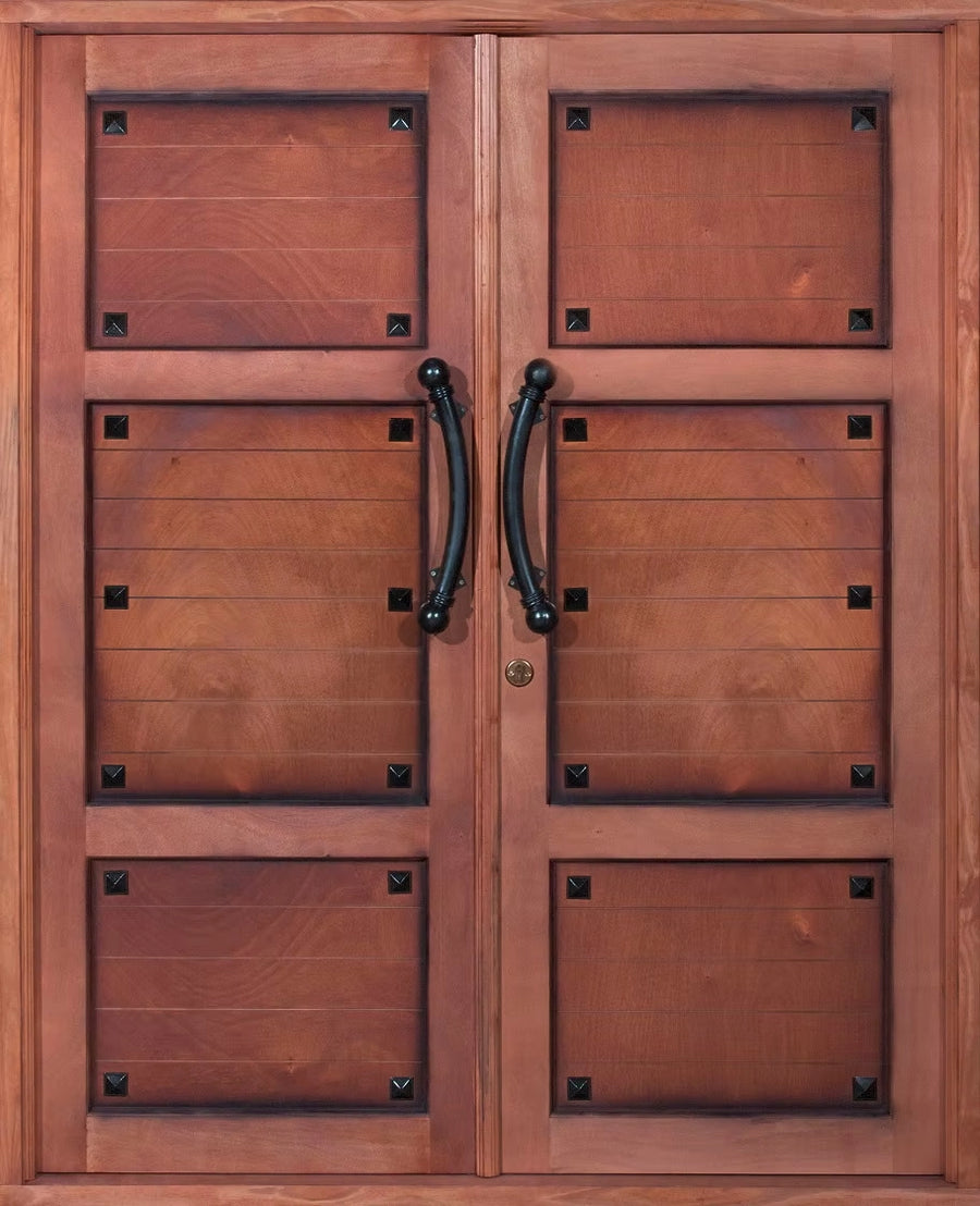 Pre-hung exterior double door with medieval studded design and black hardware