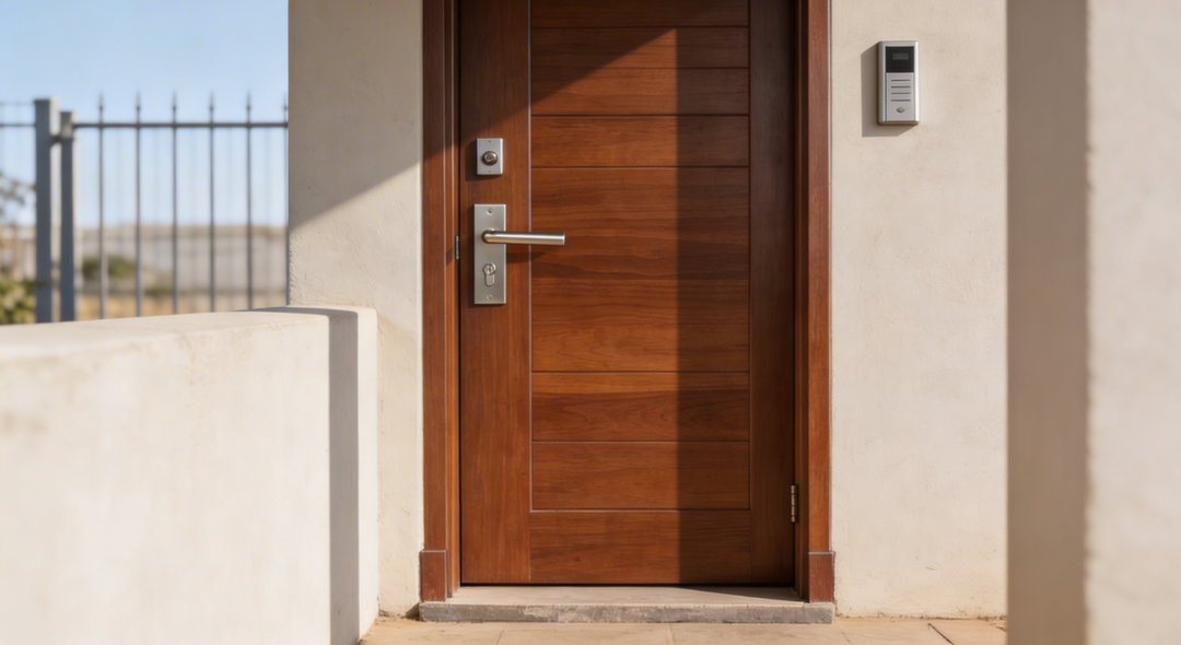 Image depicting a meranti wood front door and lock system. Other security measures feature as part of an integrated security system.
