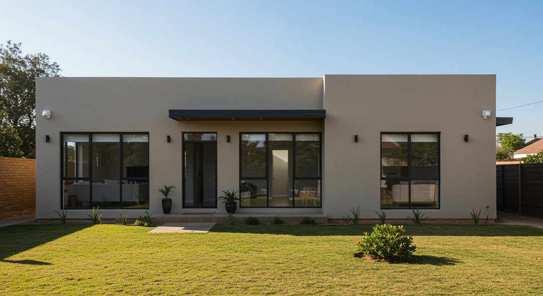 Photorealistic exterior of a modern South African home with clean black aluminium window frames.