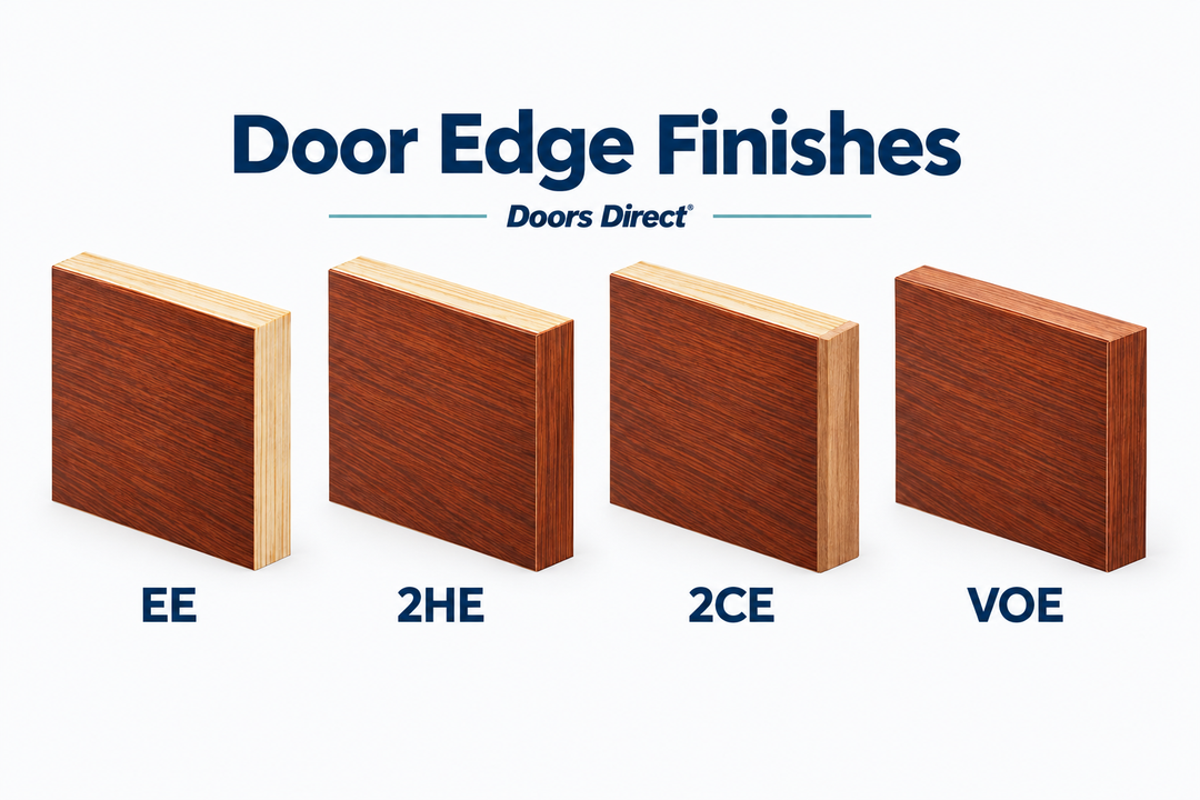Door Edge Finishes: illustrated EE, 2HE, 2CE and VOE timber door edges from Doors Direct