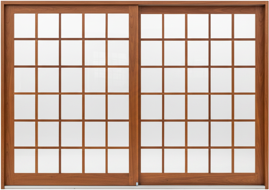 Wooden sliding door with glass panels on a white background