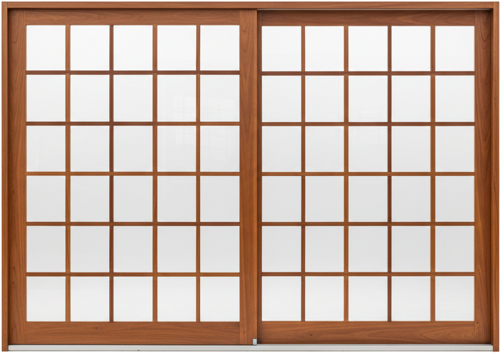 Wooden sliding door with glass panels on a white background
