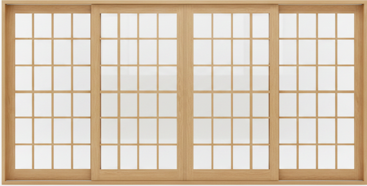 Wooden sliding door with glass panels on a white background