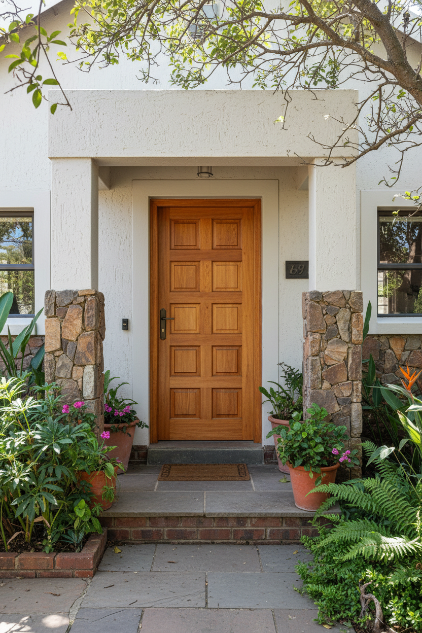 10 Panel Meranti front door of a house with stone pillars and potted plants.