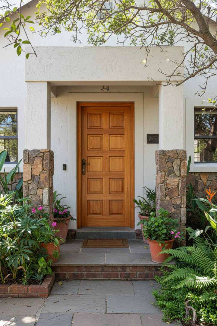 10 Panel Meranti front door of a house with stone pillars and potted plants.