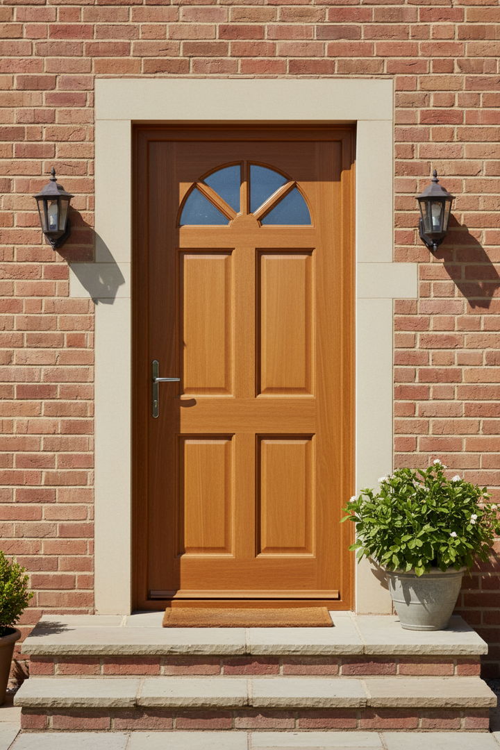 Carolina meranti exterior door 813 x 2032mm with arched glass fanlight top and four raised and fielded solid meranti panels, shown installed in a brick entrance with stone surround