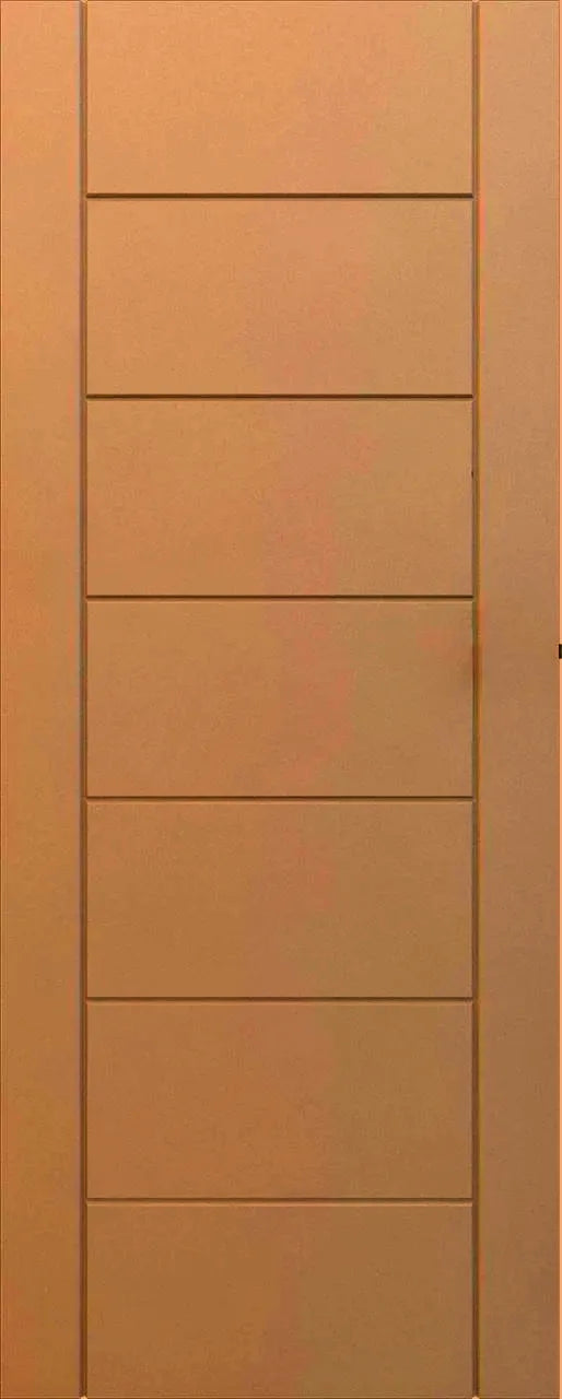 Wooden door with a horizontal panel design on a plain background