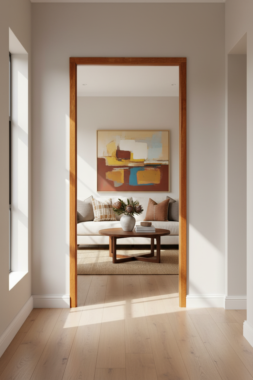 View of a Living room through a 813 x 2400 Meranti Door Frame
