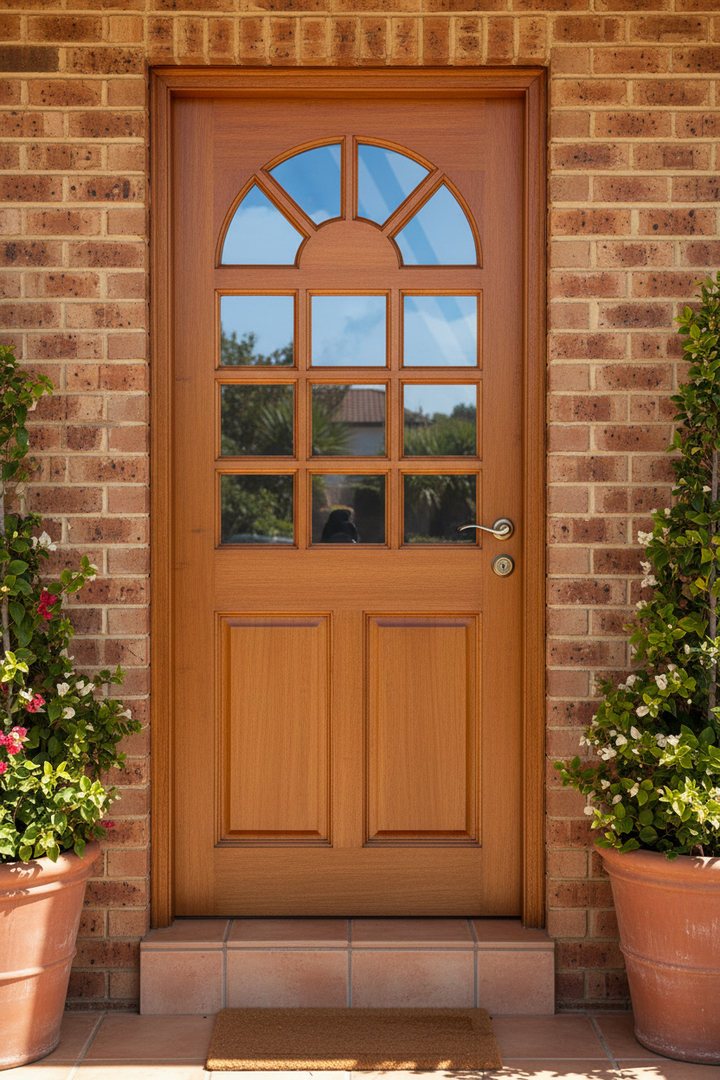 A warm brown wooden front door with an arched multi-pane glass top section, set in a brick wall with potted plants on either side.