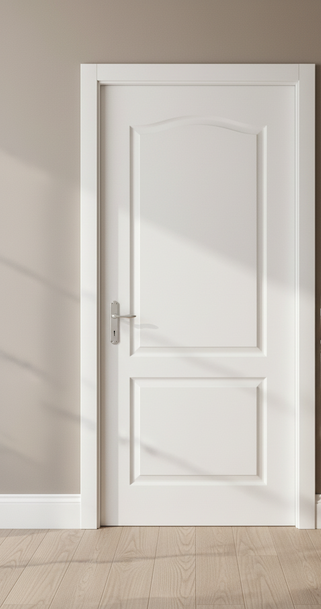 Cape Dutch Deep Moulded door with a silver handle on a beige wall.