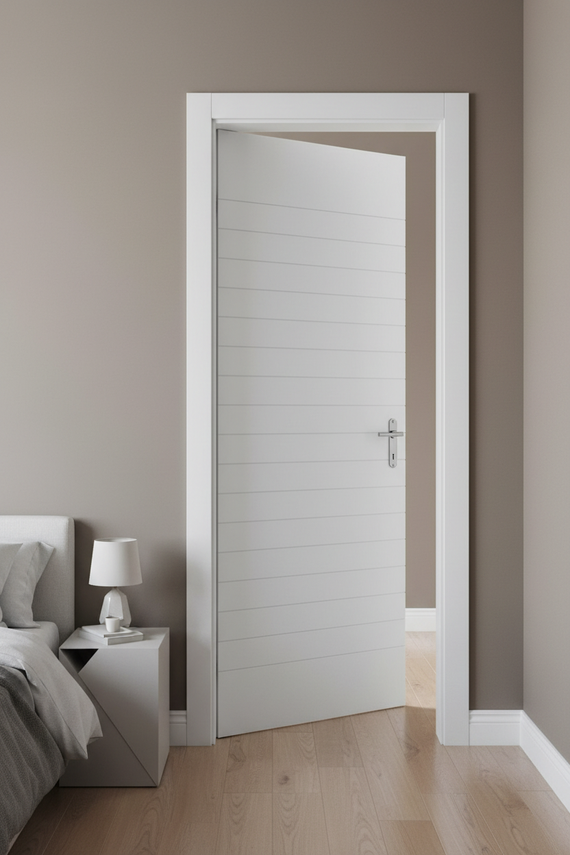 Light Duty Hardboard Grooved 813 X 2032 White door with horizontal slats in a bedroom setting
