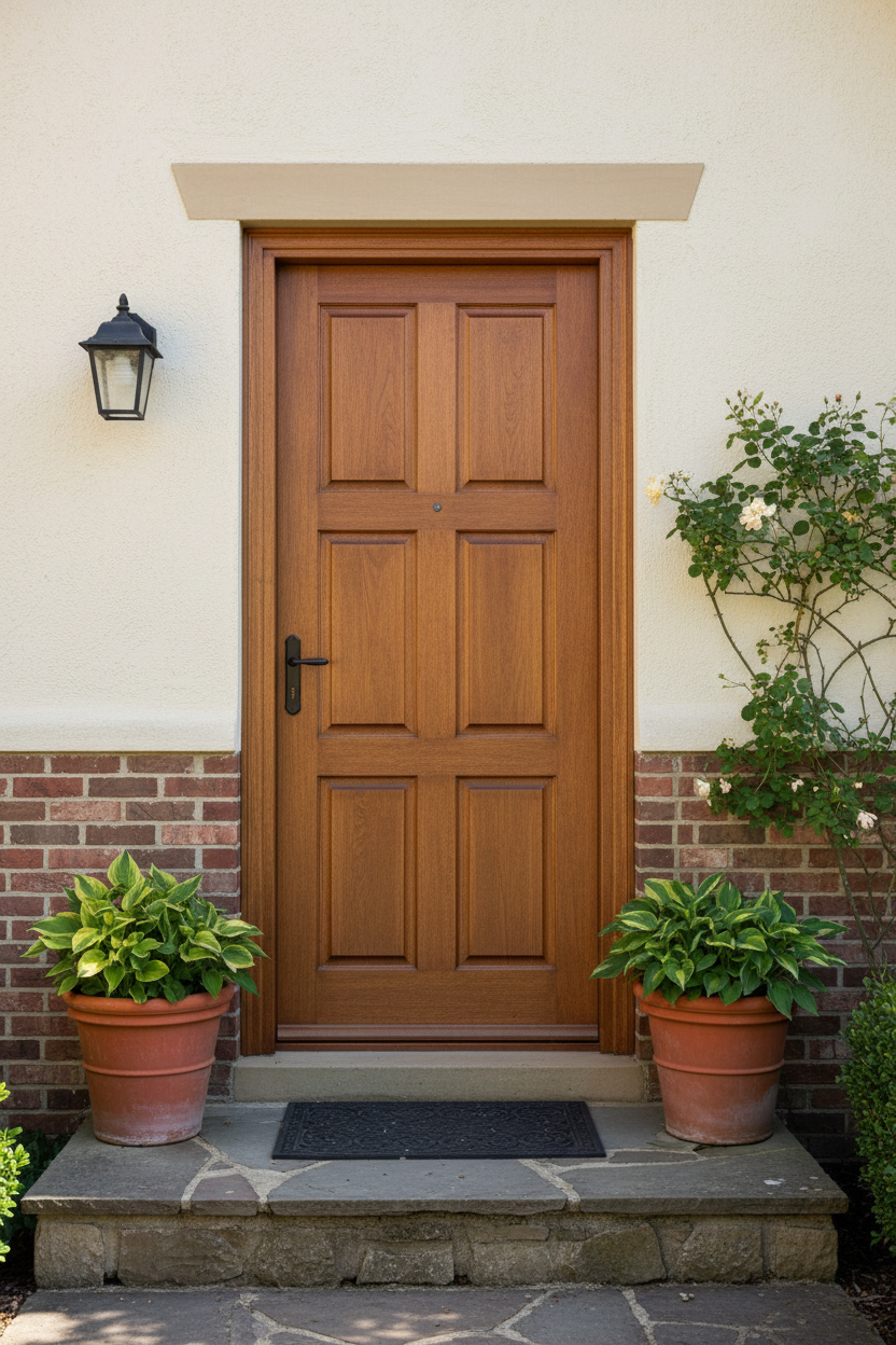 6 Panel Engineered Wooden door with potted plants on either side on a white wall.
