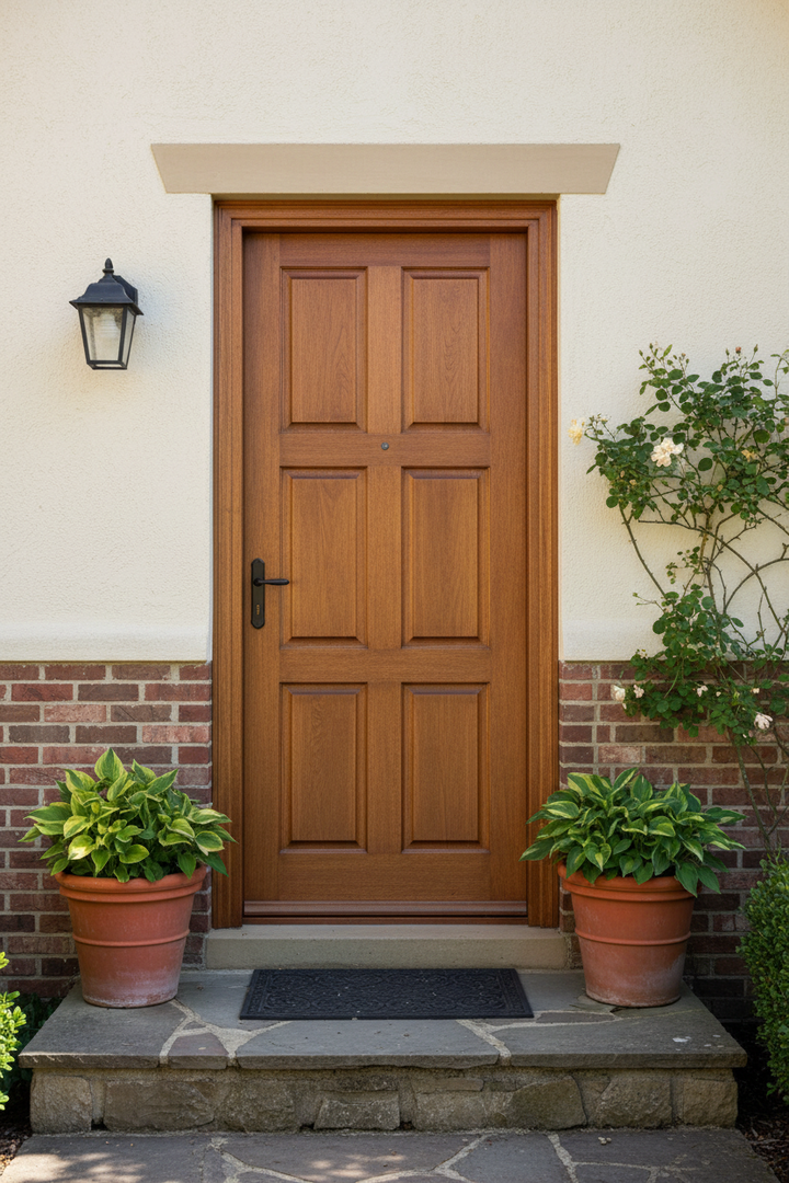 6 Panel Engineered Wooden door with potted plants on either side on a white wall.