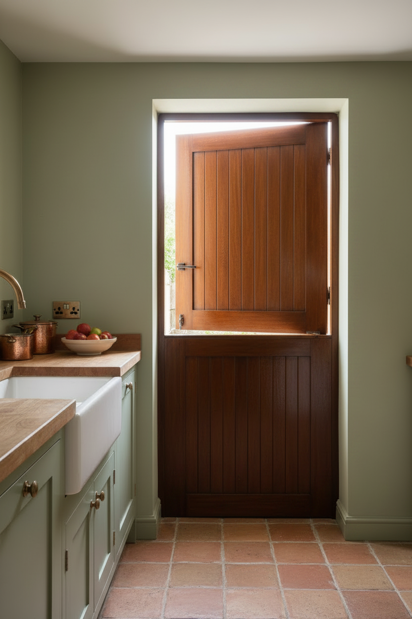 Partially outward opening meranti stable door viewed from inside a kitchen