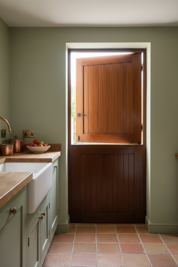 Partially outward opening meranti stable door viewed from inside a kitchen