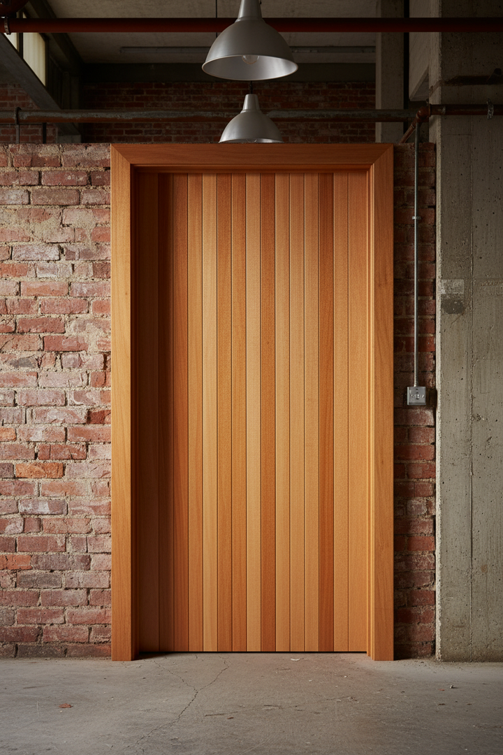 A Meranti BB door installed in a brick and concrete industrial interior, showing the natural untreated timber tone with vertical slats and a matching frame.