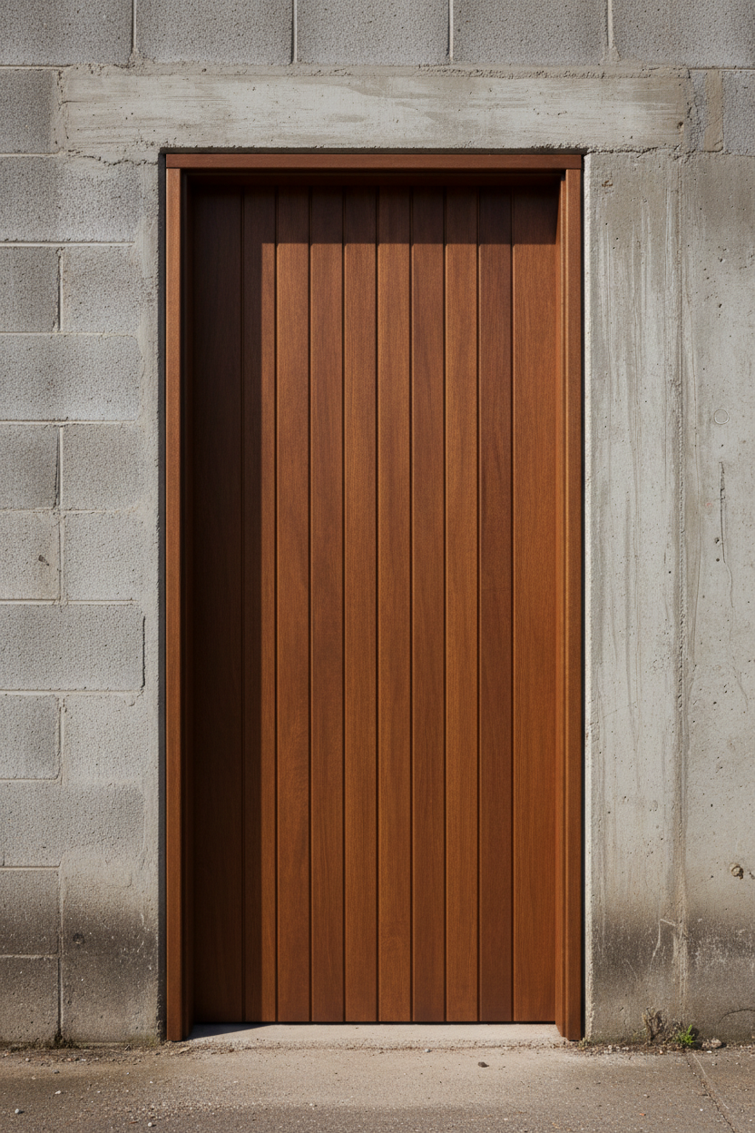 A finished Meranti BB door installed in a concrete block wall, showing the vertical timber slats with a rich brown stain applied