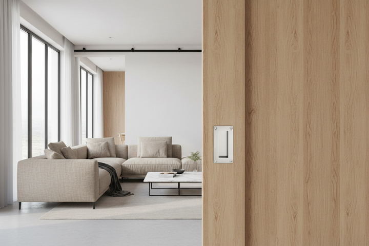 Modern living room with a sliding wooden door
