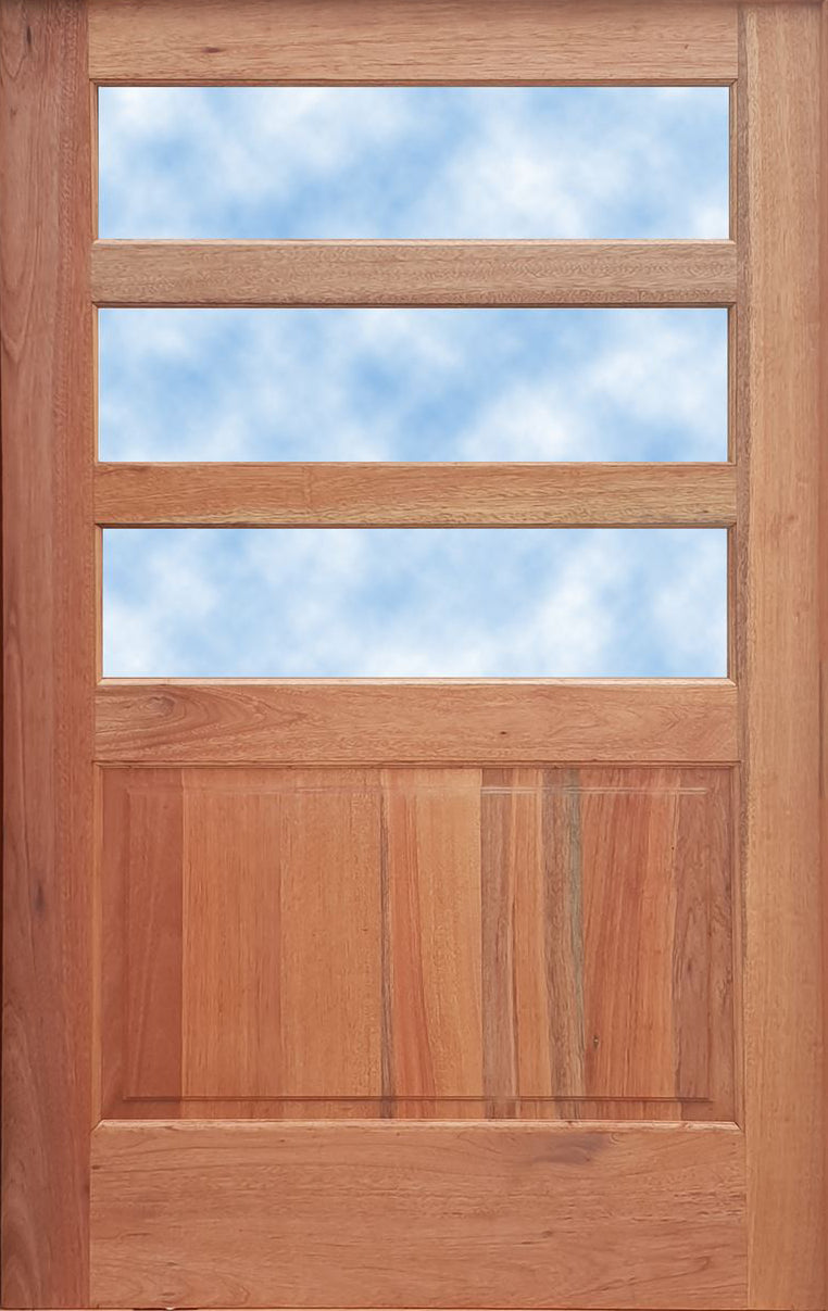 Wooden door with glass panels showing a blue sky and clouds
