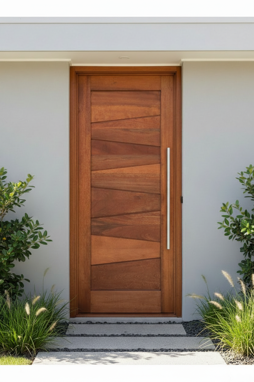 A modern wooden front door with diagonal wood paneling, set in a white stucco entryway with small plants and a stone step path.