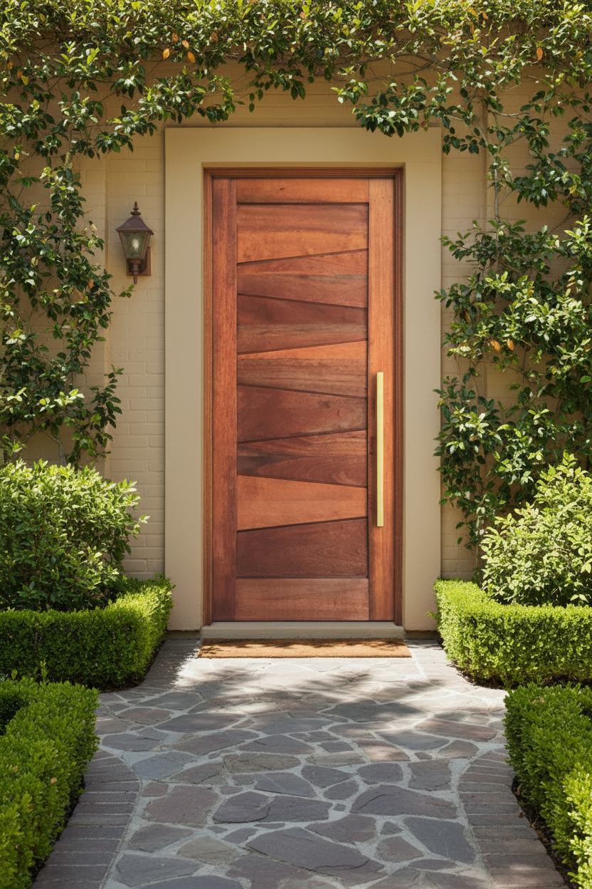 A modern wooden front door with diagonal panel designs, set in a beige house with ivy-covered walls and a stone pathway leading up the walkway.