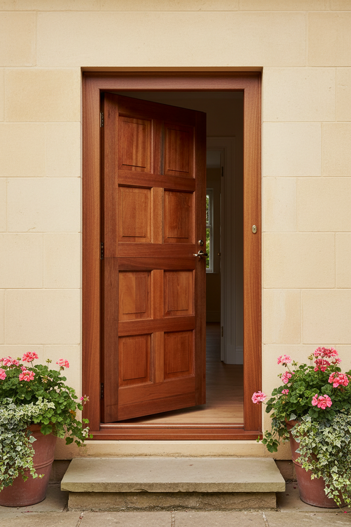 8 Panel Stable Wooden door of a house with potted plants on either side