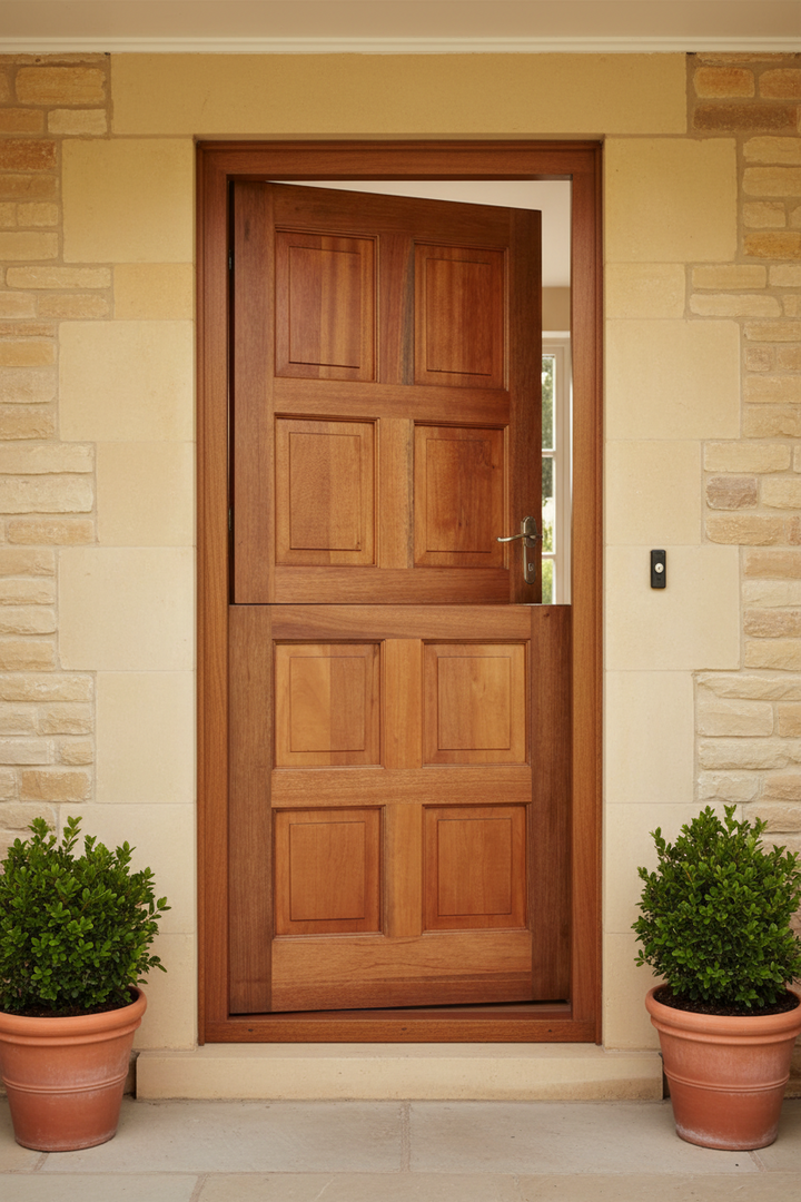 8 Panel Stable door with the top half partially open with two potted plants on either side in front of a stone wall.