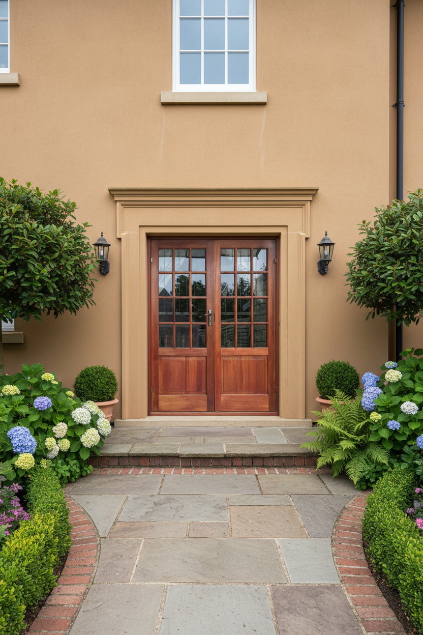 A front entrance to a house with warm beige stucco walls, double wooden double doors with glass panes, a stone step, and landscaped garden beds with shrubs and hydrangeas.