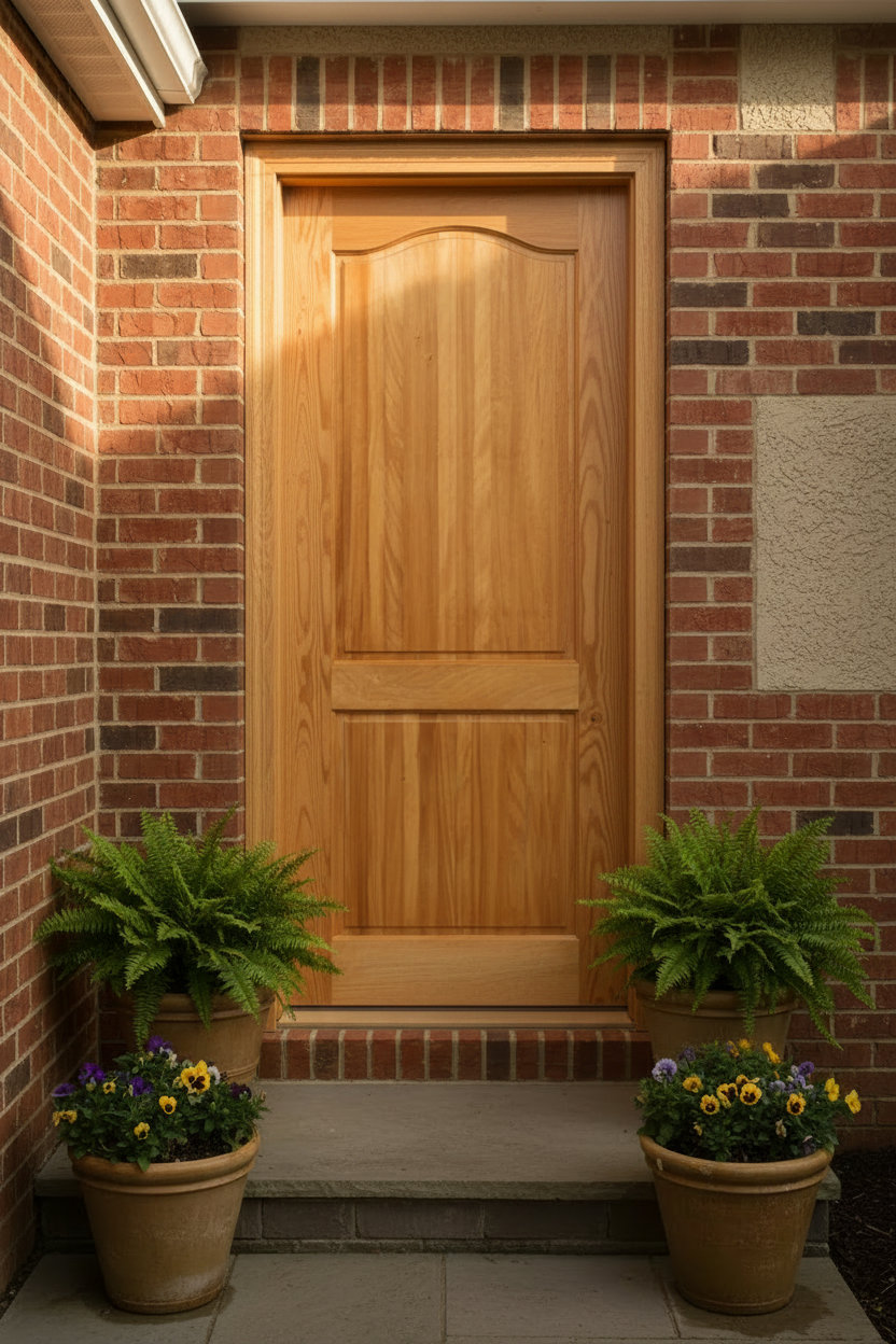 Winsters PD22 Wooden door with potted plants on a brick wall