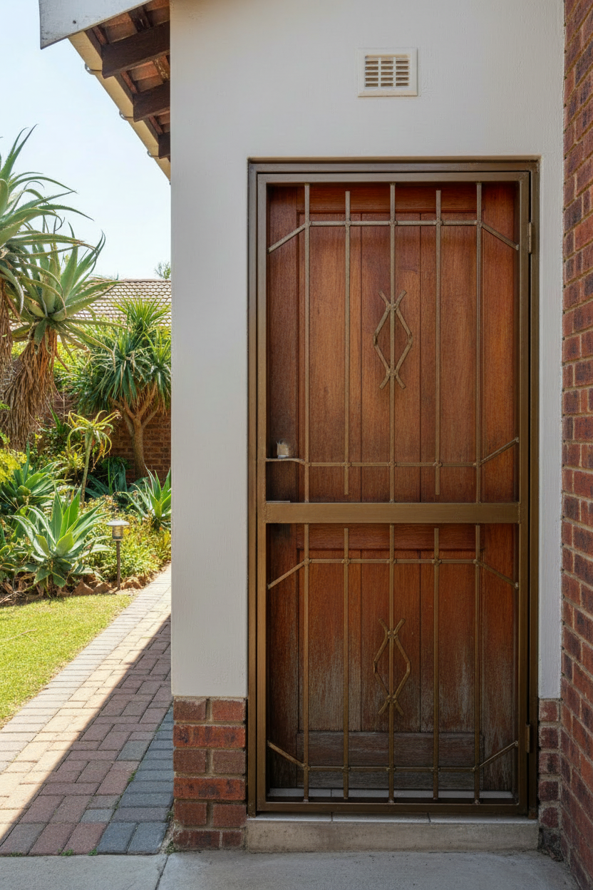 Xpanda Bronze Security Gate fitted to the back door of a house exterior with garden view