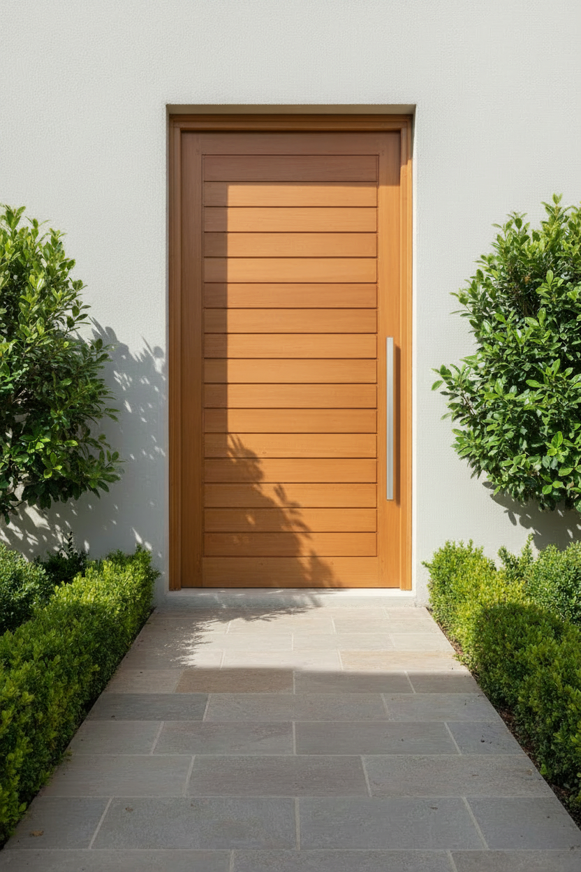 Horizontal Slatted Wooden door on a light gray wall with green bushes on either side