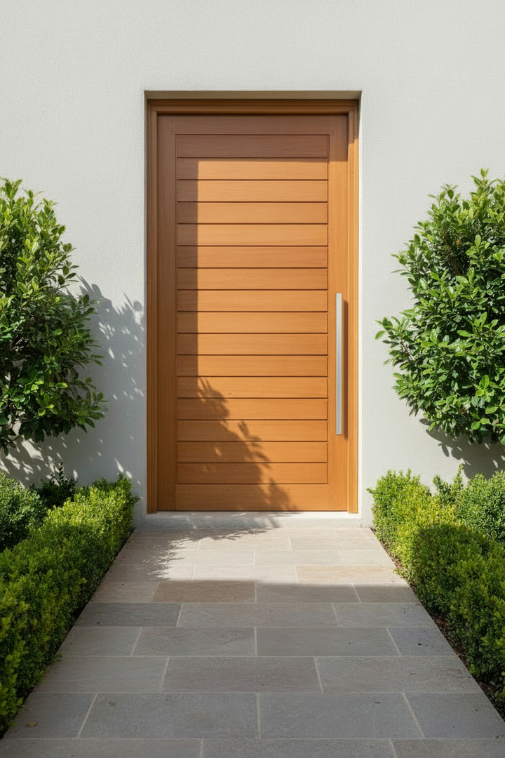 Horizontal Slatted Wooden door on a light gray wall with green bushes on either side