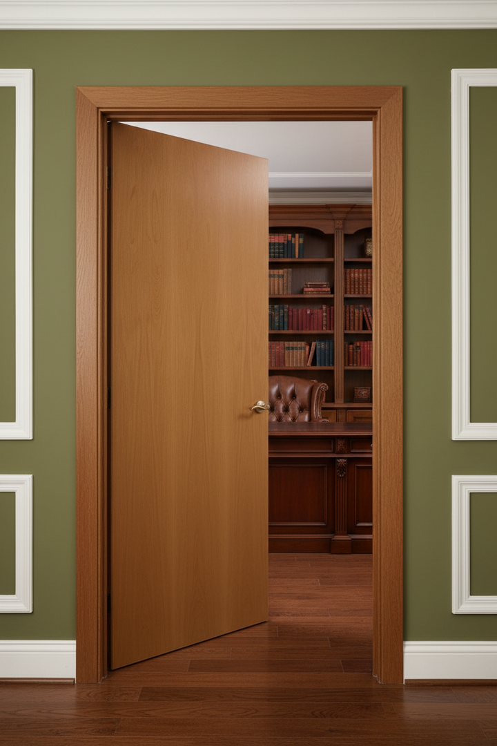 Red Oak door opening to a room with bookshelves and a leather chair.