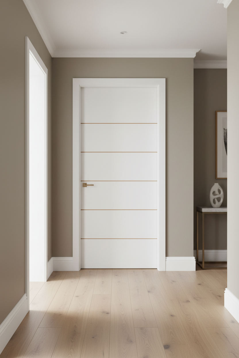 Swartland 5 Panel LD 813 X 2032 White door with gold handle in a room with gray walls and wooden floor.