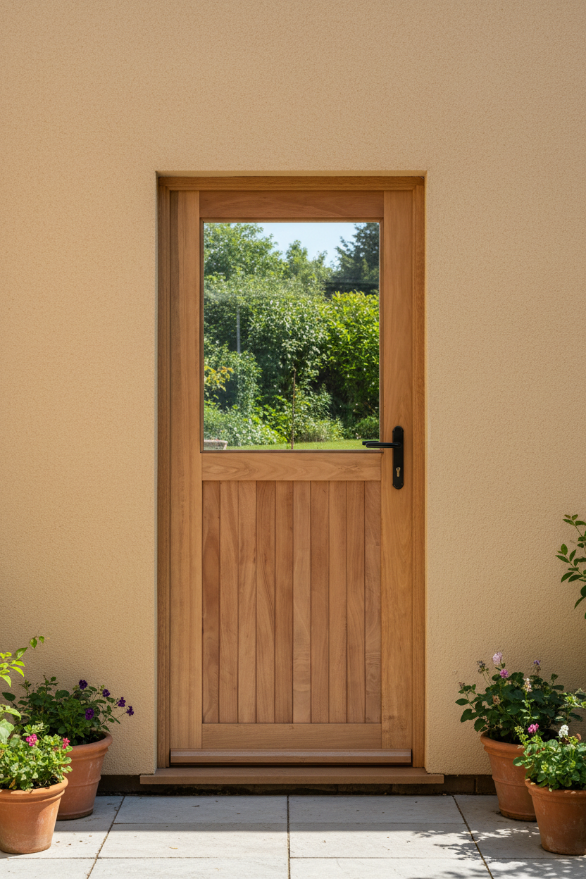 Full pane Top Frame &amp; Ledge Bottom  door with glass panel on a beige wall, surrounded by potted plants.