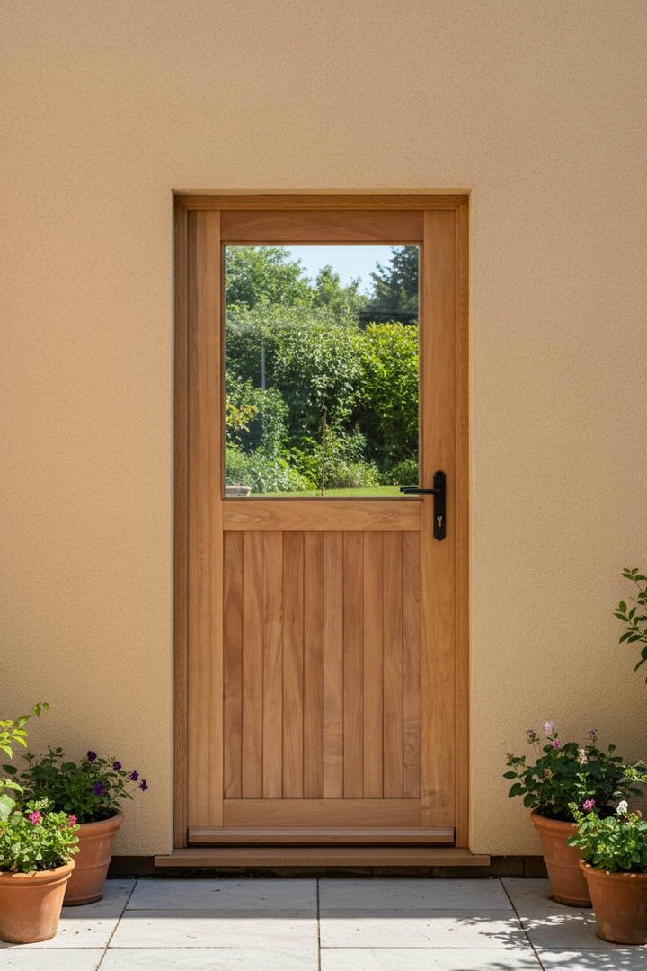Full pane Top Frame &amp; Ledge Bottom  door with glass panel on a beige wall, surrounded by potted plants.