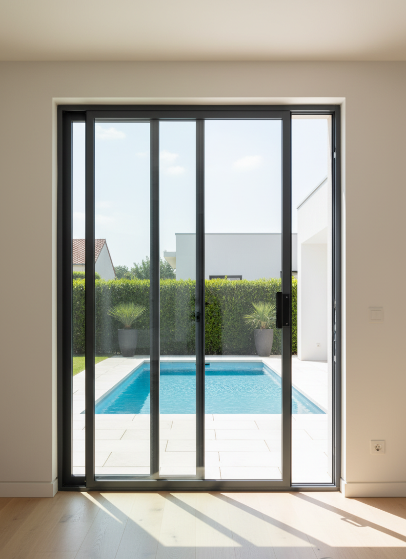 Aluminium slider with view of swimming pool