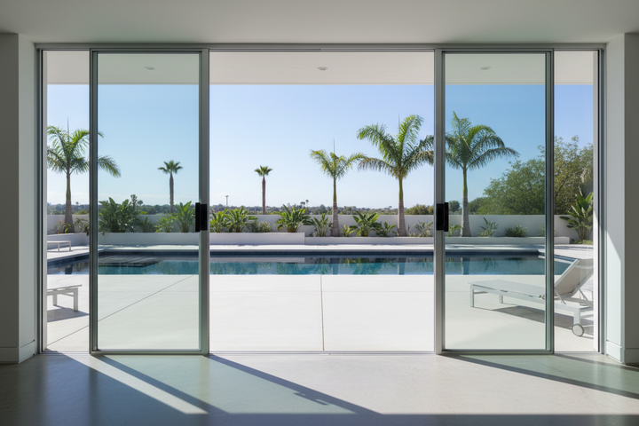 Aluminium Sliding door opening up onto a swimming pool