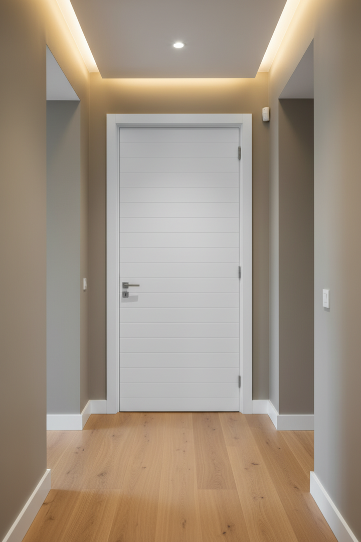 Modern hallway with a white Medium Duty Hardboard Grooved door and wooden flooring