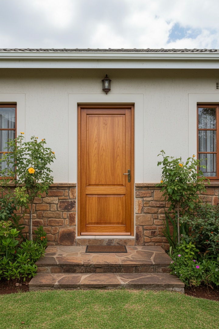 2 Panel Meranti exterior door 813x2032mm installed in a South African home with natural timber finish, stone facade, and garden setting