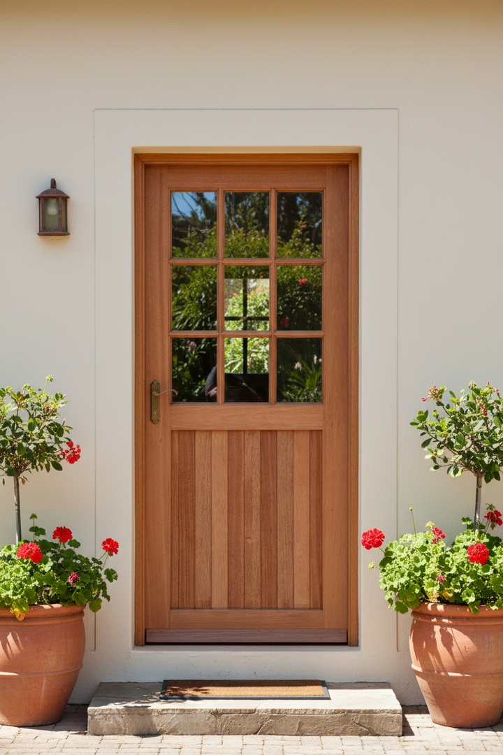 Small Pane Top Frame &amp; Ledge Bottom 813 X 2032 front door with a six-pane top window, set in a white stucco wall with potted red flowers on either side.