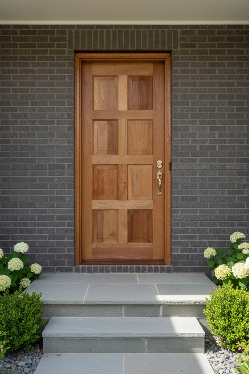 8 Panel Meranti Wooden door on a gray brick wall with steps leading up to it.