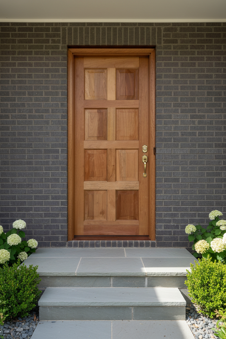 8 Panel Meranti Wooden door on a gray brick wall with steps leading up to it.