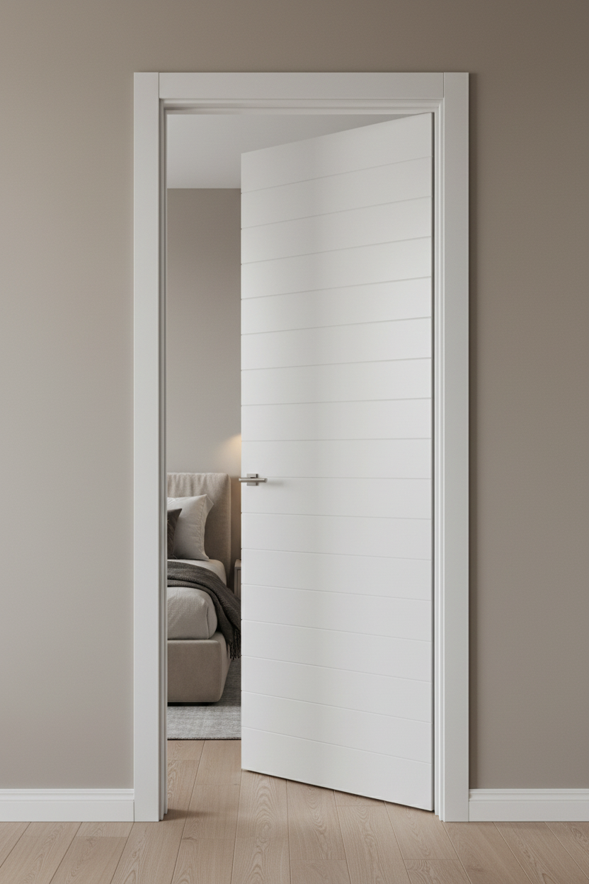 White grooved door opening into a neutral-colored room