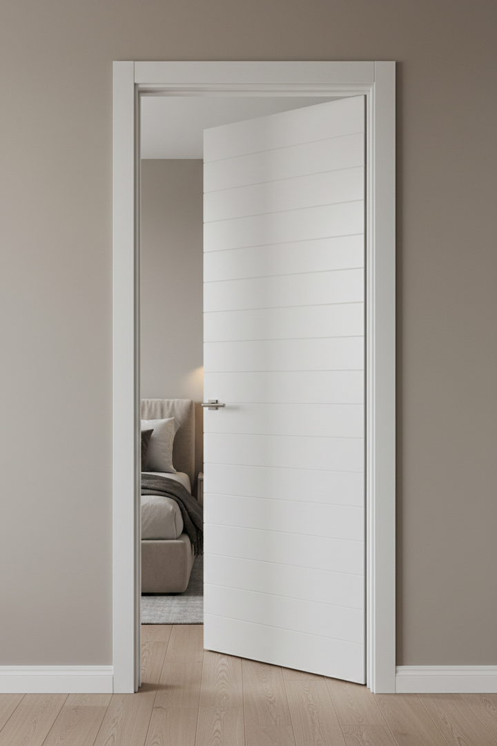 White grooved door opening into a neutral-colored room
