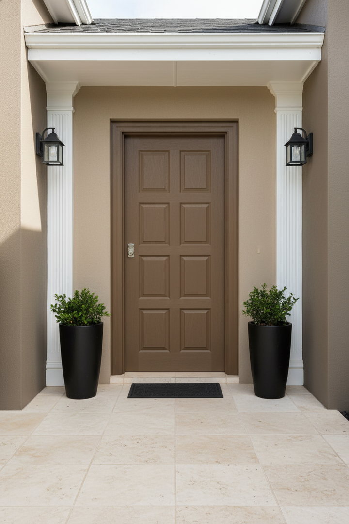 Swartland Emboss Bastion Barricade door with two black planters on either side on a beige porch.