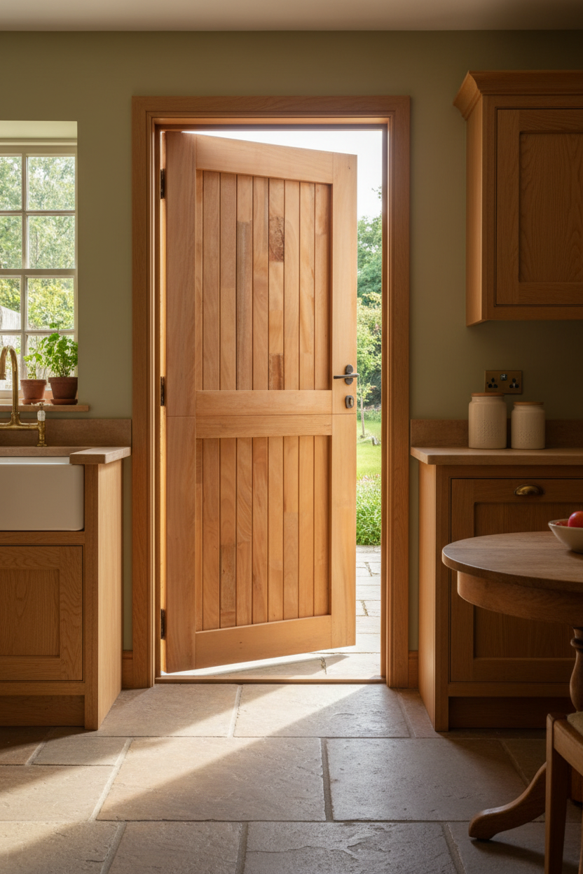 Kayo KYD1S/OB stable door open to a garden view in a kitchen with wooden cabinets and a round table.