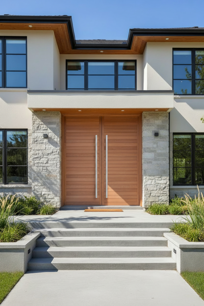 Modern double Semi Solid Horizontal Slatted doors in a warm medium brown wood finish, set in a contemporary two-story home with stone and stucco walls, concrete steps, and landscaped greenery.