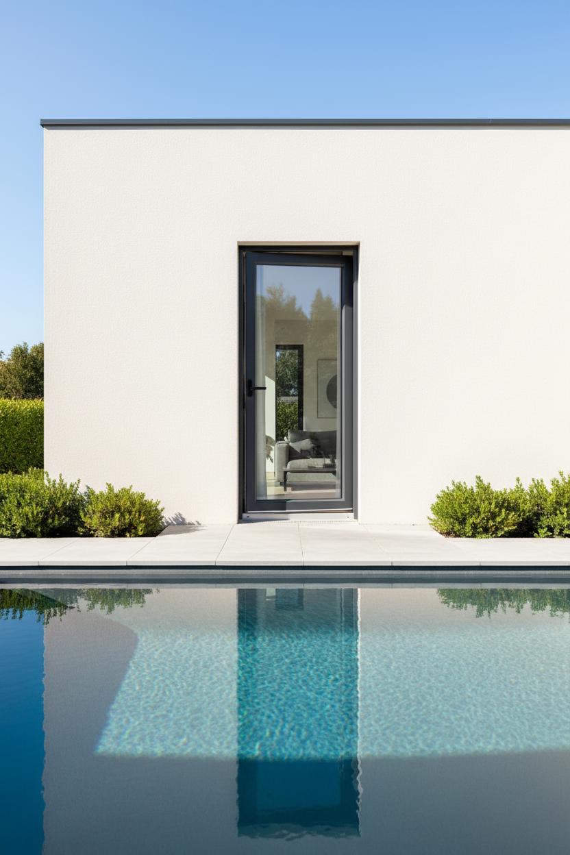 Modern house exterior with a pool and Kayo Aluminium OI Full Glass Door
